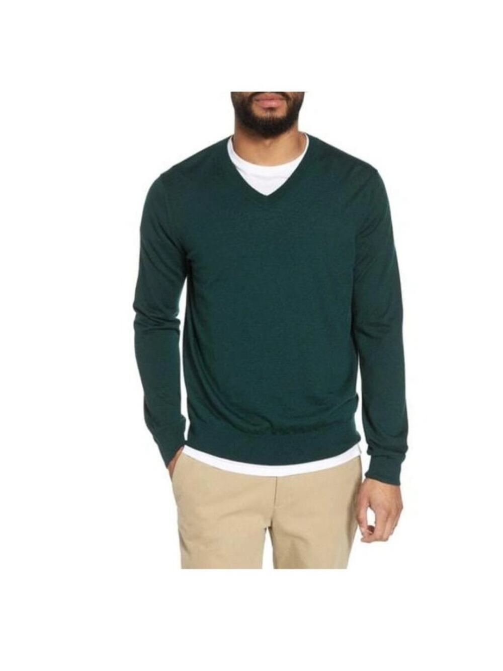Vince Men's M Slim Fit 100% Cashmere V-Neck Sweater In Deep Forest Green